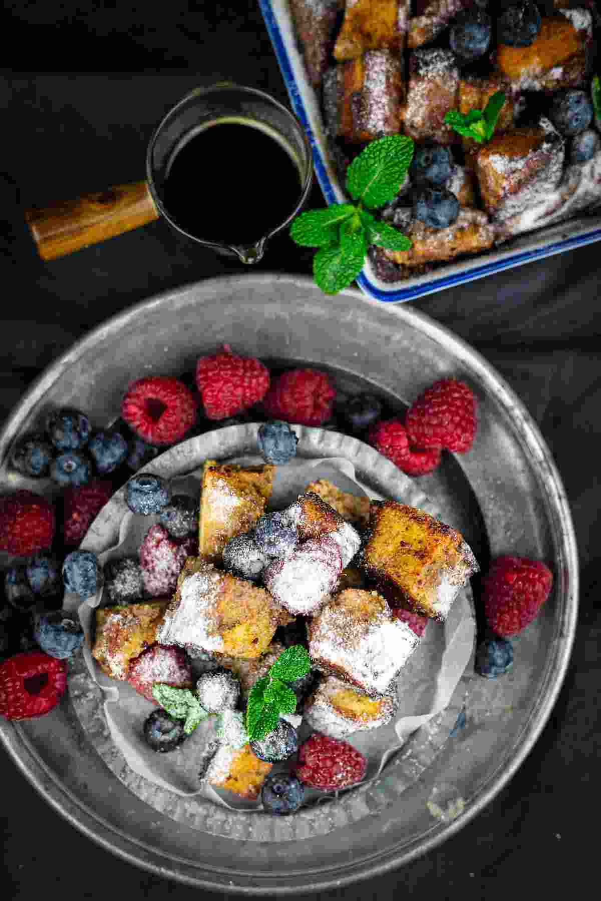 French toast bake on a grey plate.