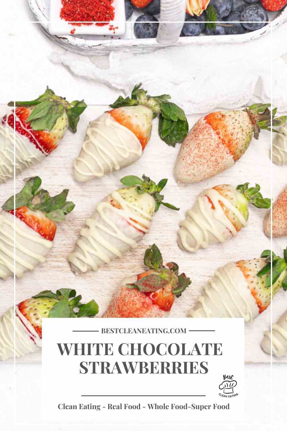 Strawberries Covered In White Chocolate on a wooden board.