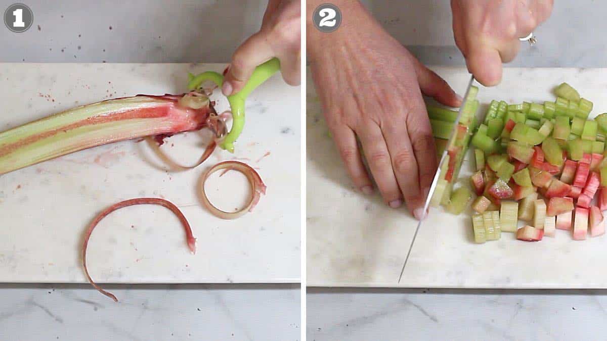 Easy dessert idea cutting fresh rhubarb.