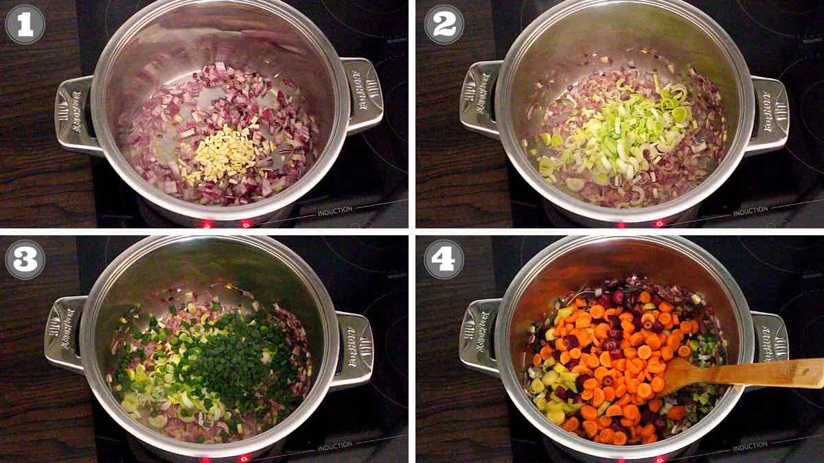 Four pictures showing the process of preparing vegetable soup in a pot.