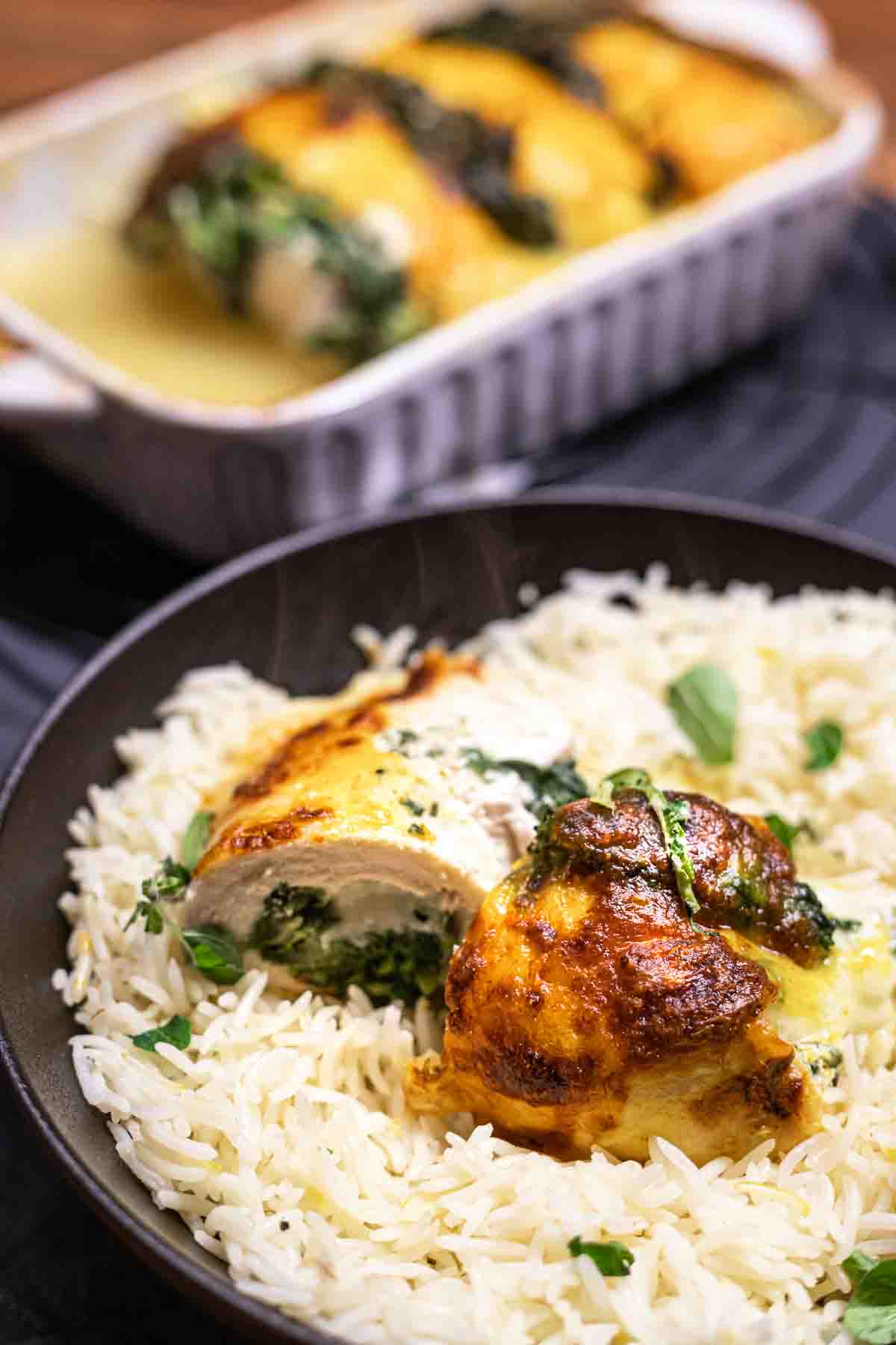 Chicken stuffed with spinach and rice.
