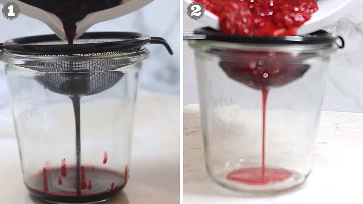 Two pictures of a jar with berries in it.