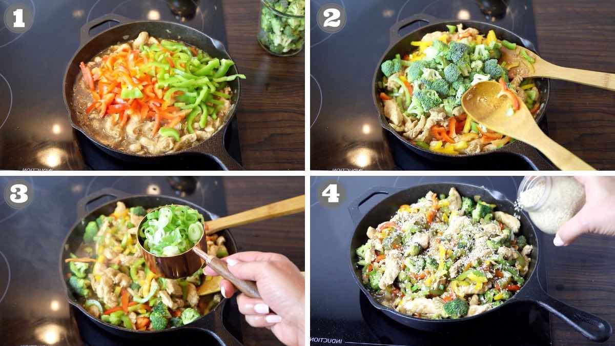 A series of photos showing how to cook vegetables in a skillet.