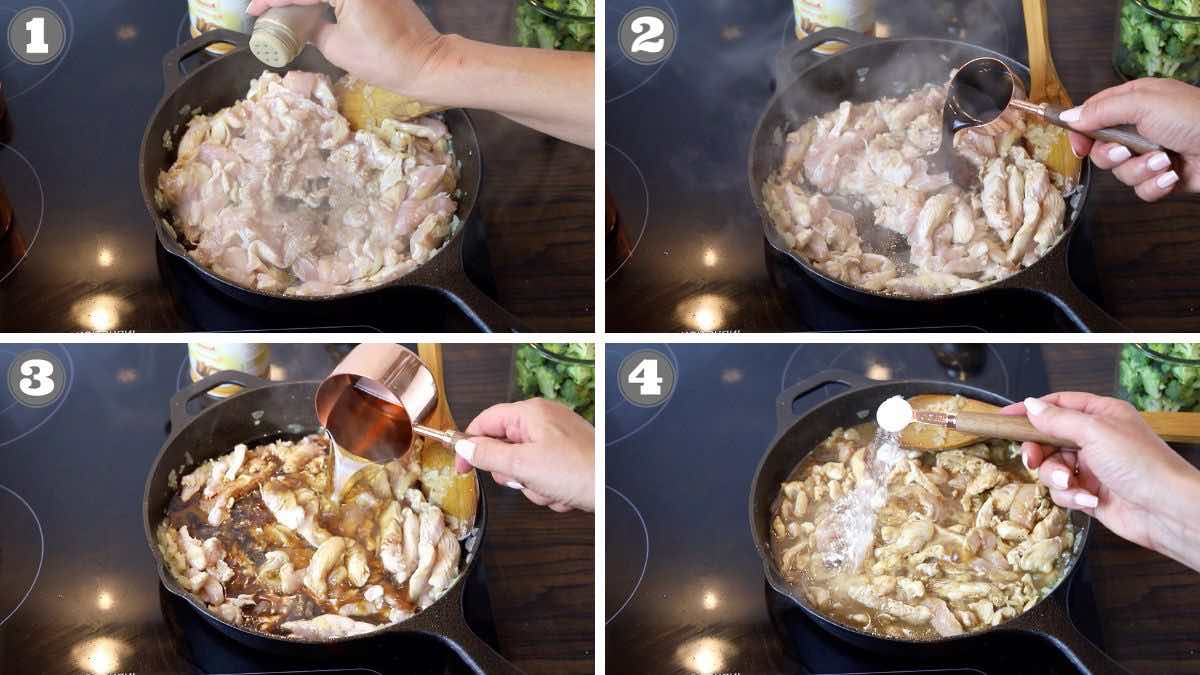 A series of photos showing how to cook chicken in a pan.