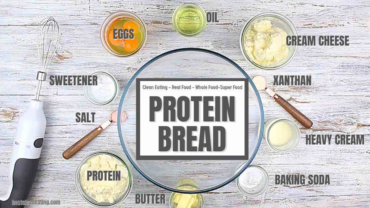Protein bread ingredients on a wooden table.