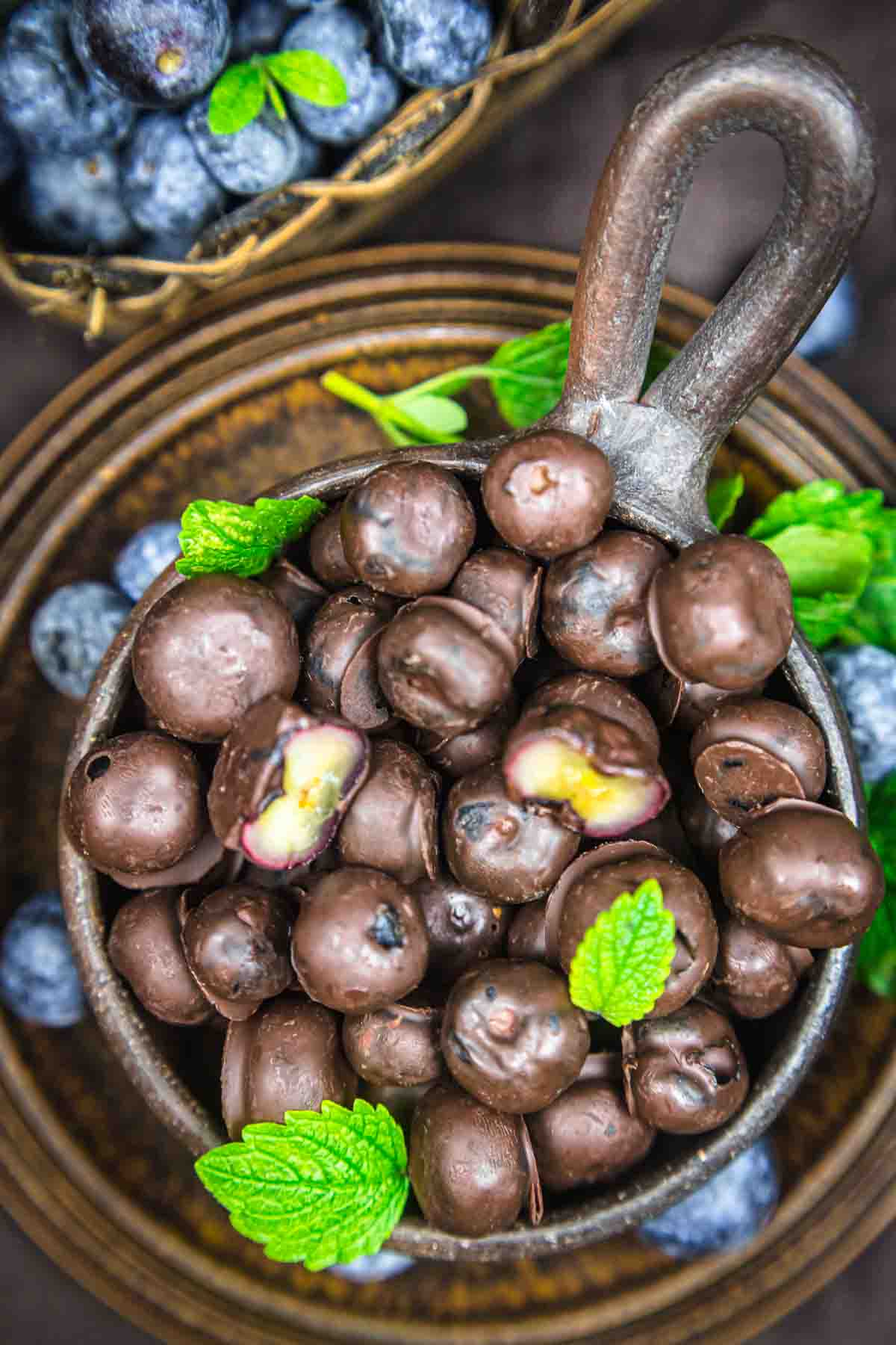 Chocolate covered blueberries in a bowl.