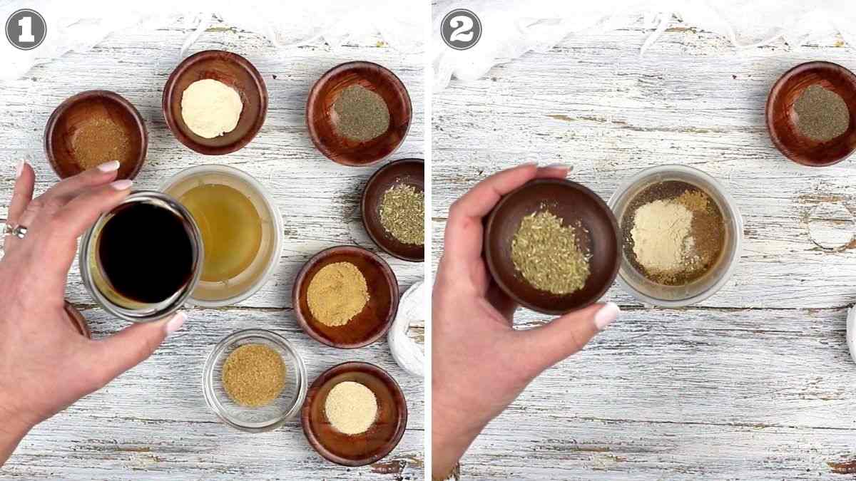 A person pouring ingredients into bowls on a wooden table.