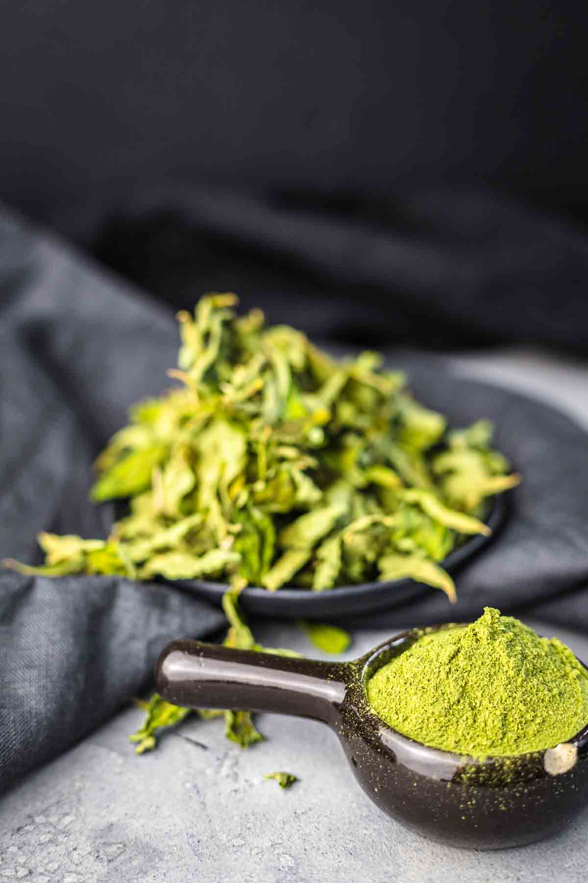 Stevia powder in a bowl on a grey background.