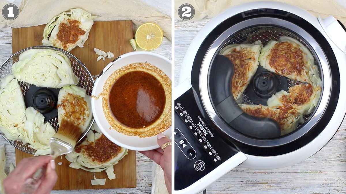 Two images. Image 1: Cabbage wedges on a cutting board being brushed with seasoning. Image 2: The seasoned cabbage wedges placed inside an air fryer.