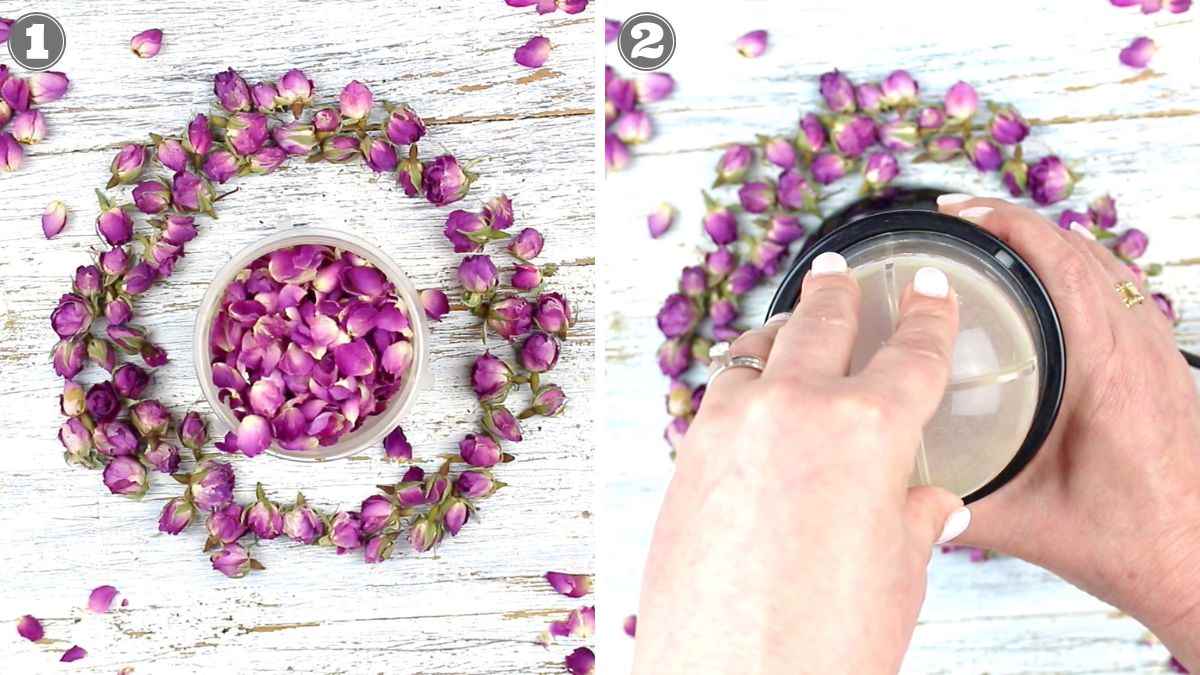Step-by-step process: Left image shows a circular arrangement of pink rosebuds around a container filled with rosebuds. Right image shows hands operating a blender with the rosebuds inside.