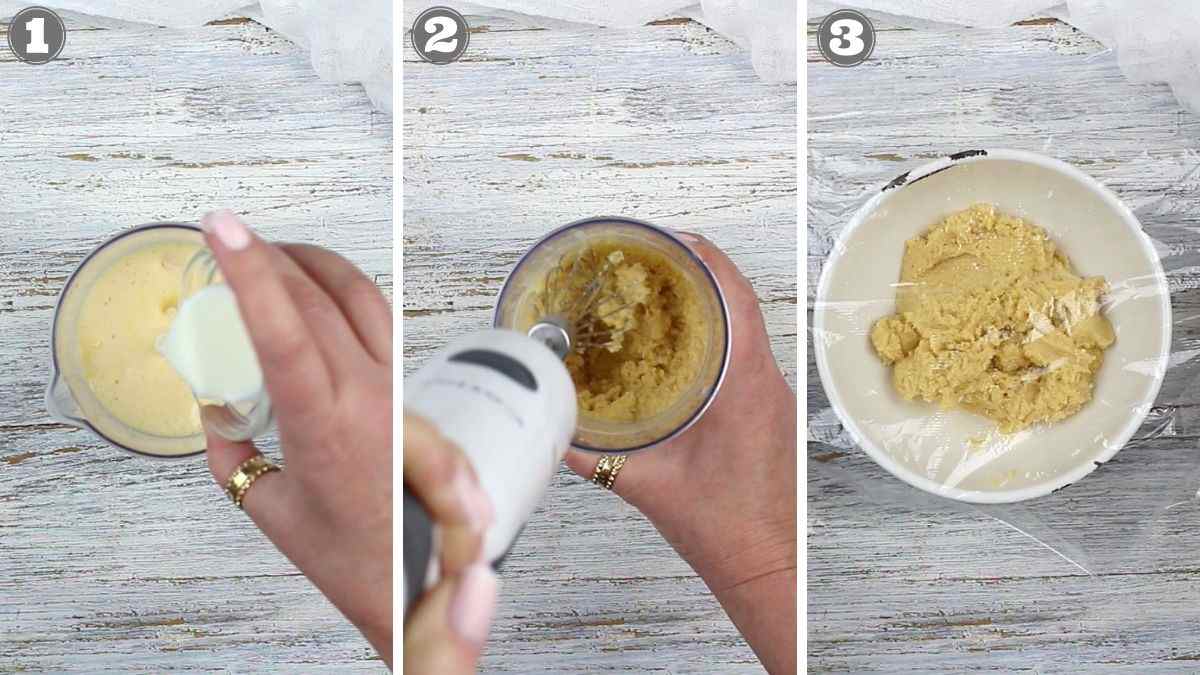 Three-step process showing cream poured into a blender, mixture blended with a hand mixer, and resulting dough placed in a bowl covered with plastic wrap.
