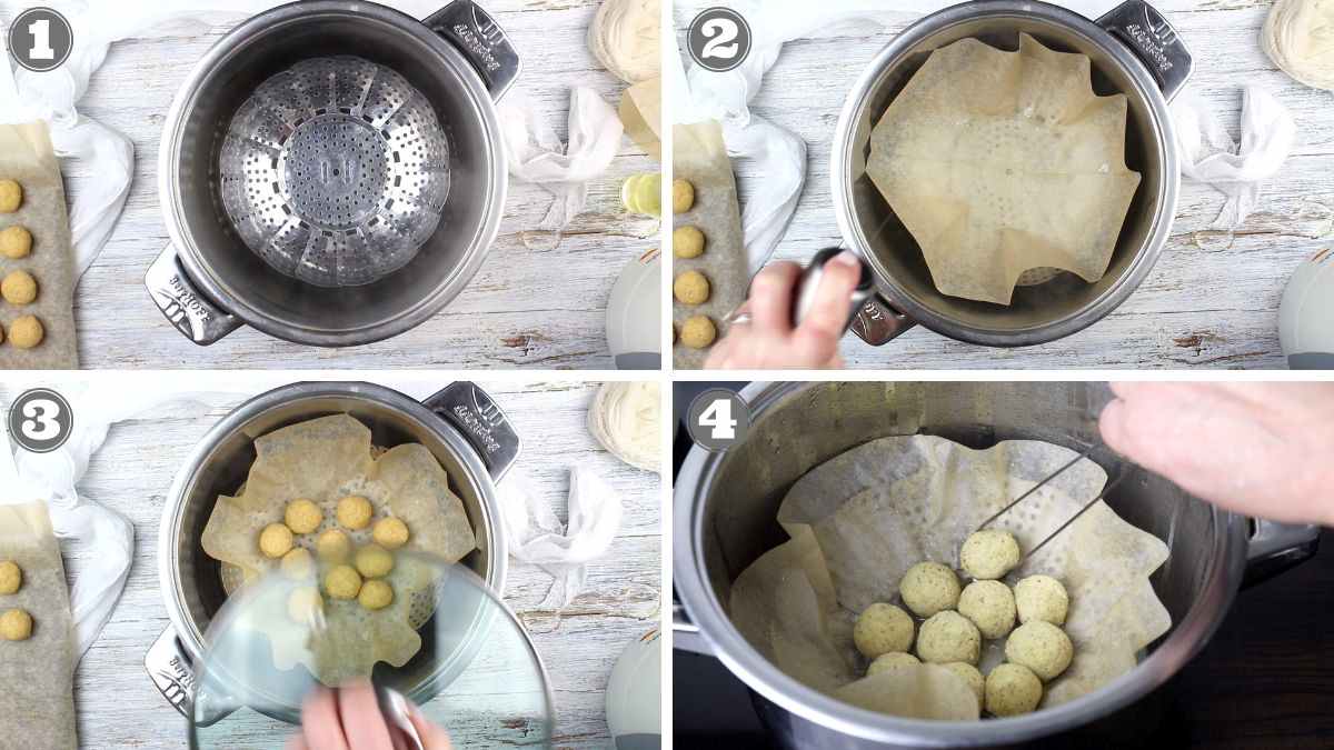 Step-by-step process of steaming balls in a pot with parchment paper lining.