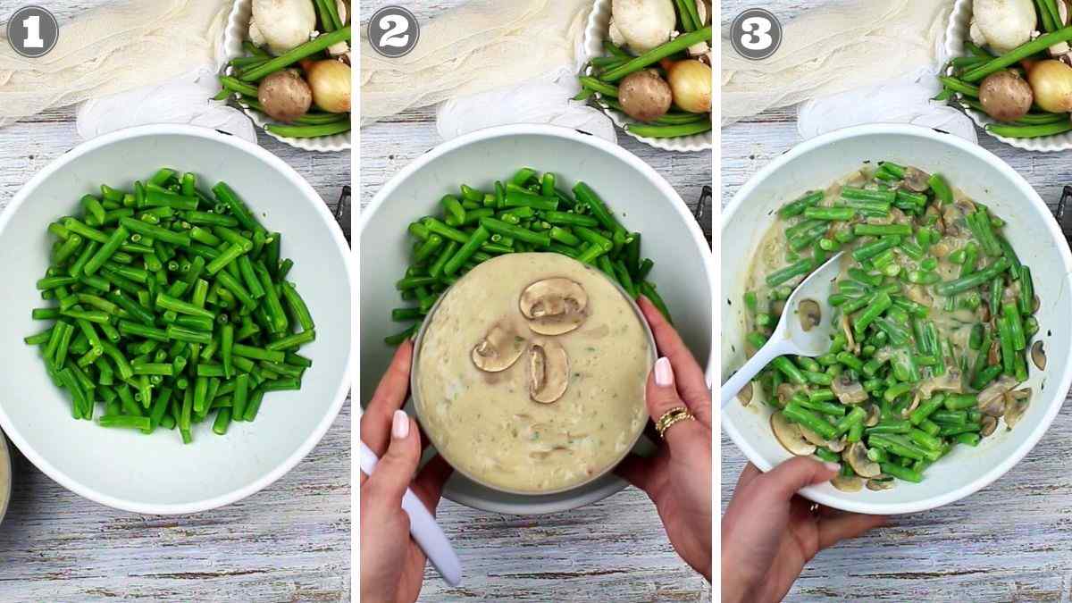 Three-step process to make green bean casserole: Step 1, green beans in a bowl. Step 2, adding mushroom soup. Step 3, mixing ingredients together. Ingredients visible in the background.