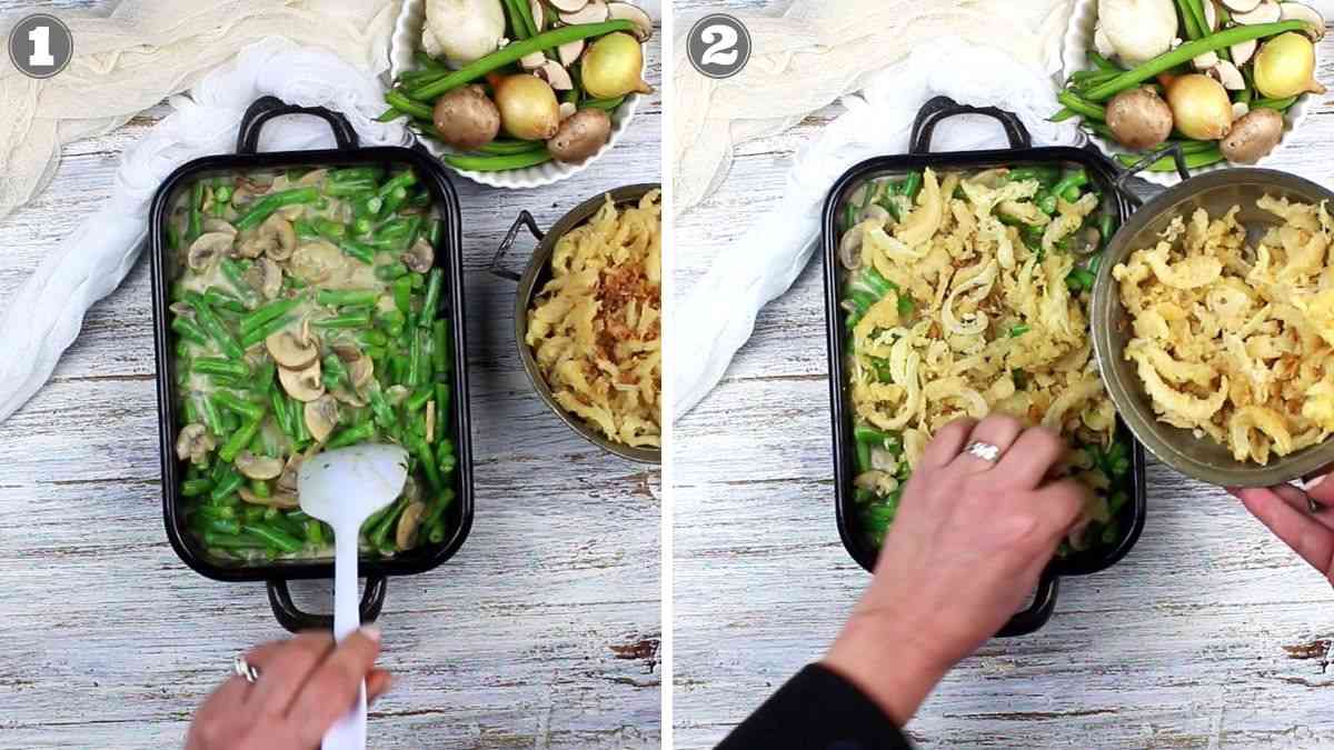Two-step process of making green bean casserole: Step 1 shows mixing green beans and mushrooms in a dish; Step 2 shows adding fried onions on top.