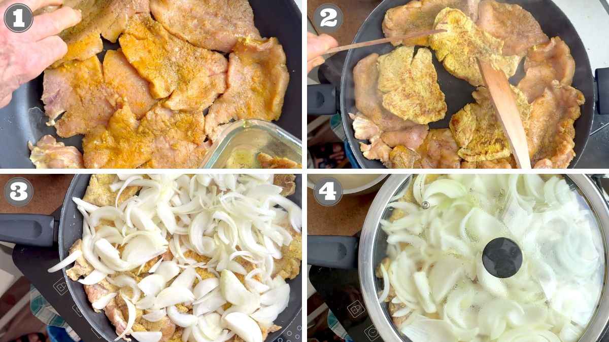 Four-step process: Raw seasoned pork in a pan (1), being flipped (2), sliced onions added (3), pan covered while cooking (4).