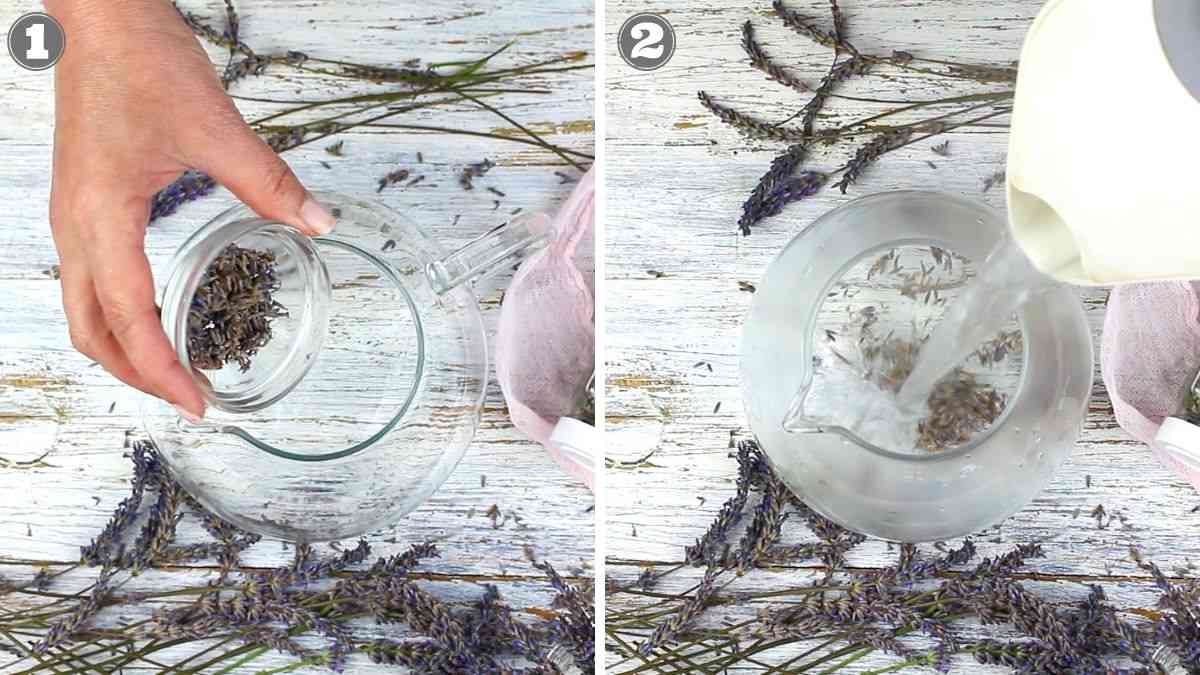 A hand adds lavender into a teapot, followed by pouring hot water over it on a wooden surface with dried lavender scattered around.