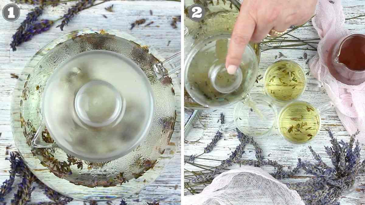 A teapot with herbs steeping, surrounded by lavender. A hand pours the herbal tea into three cups on a cloth-covered surface.