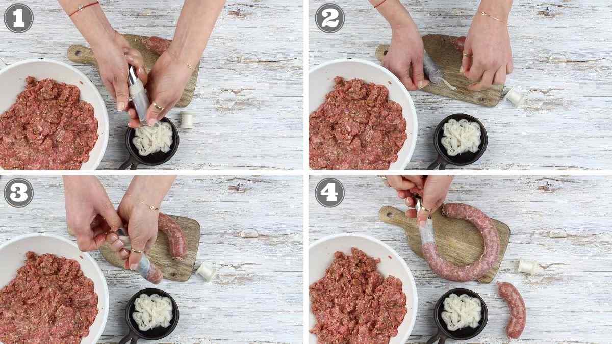 Four-step sausage making process: hands stuffing minced meat into a casing using a filling tool on a wooden board, with a bowl of meat and a casing pile nearby.