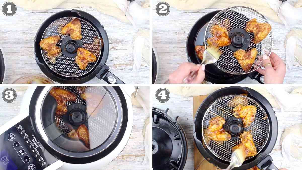 Sequence of four images showing chicken wings being placed, cooked, and checked in an air fryer basket.