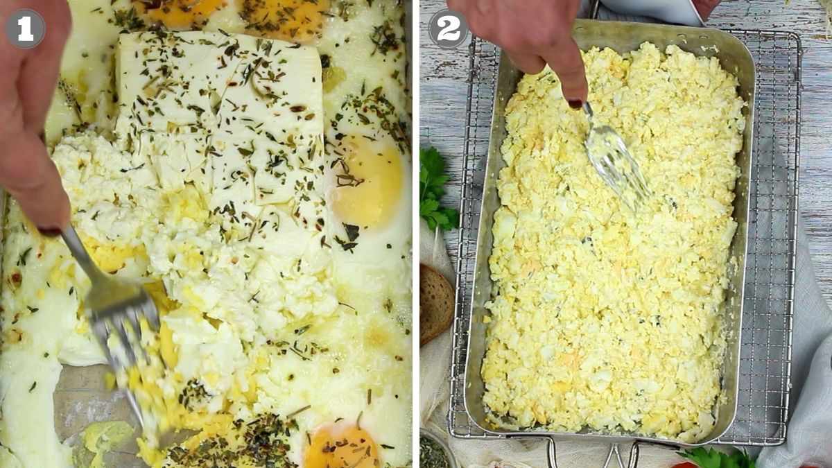 Two images: Left shows eggs, cheese, and herbs being mashed in a pan. Right shows a baking dish with a scrambled egg mixture being smoothed with a fork.