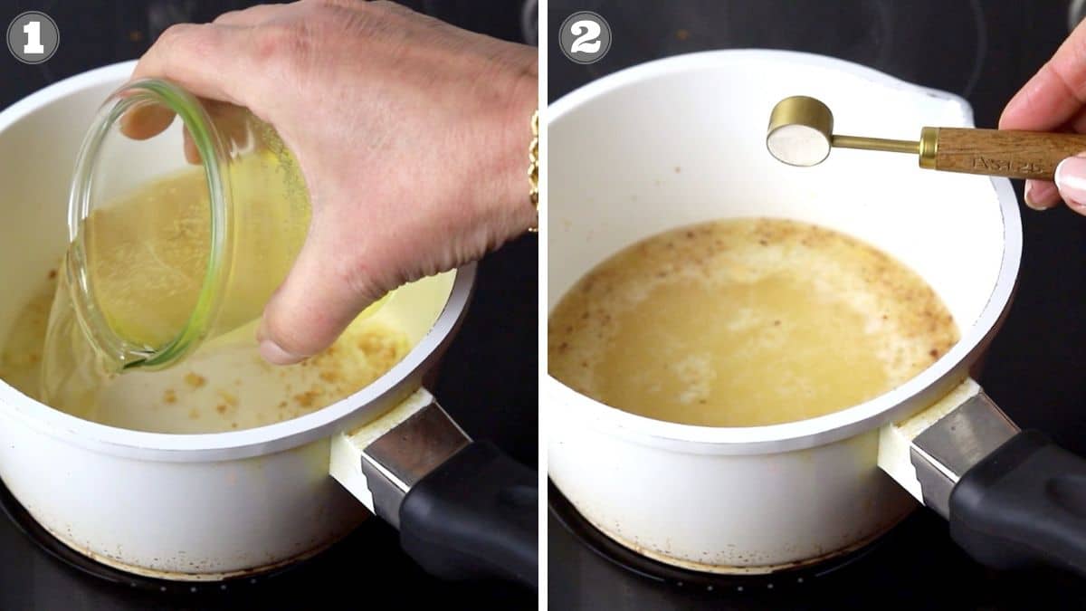 A hand pours liquid into a white saucepan on the left; a spoon adds powder to the simmering contents on the right.