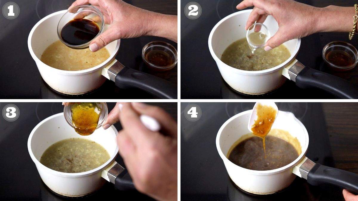 Four-step process of adding dark liquid, vinegar, and sauce to a light-colored mixture in a white saucepan on a stovetop.
