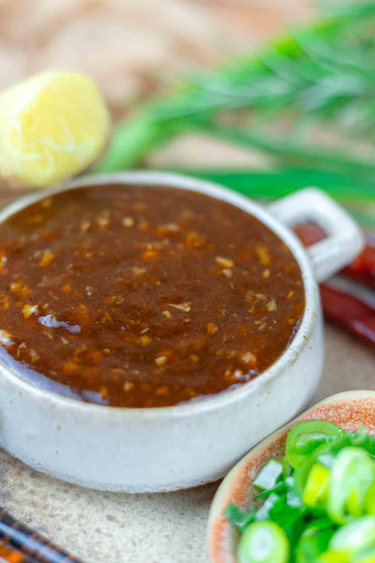 A bowl of brown sauce with visible herbs and spices, surrounded by chopped green onions, red chili, and a piece of ginger.
