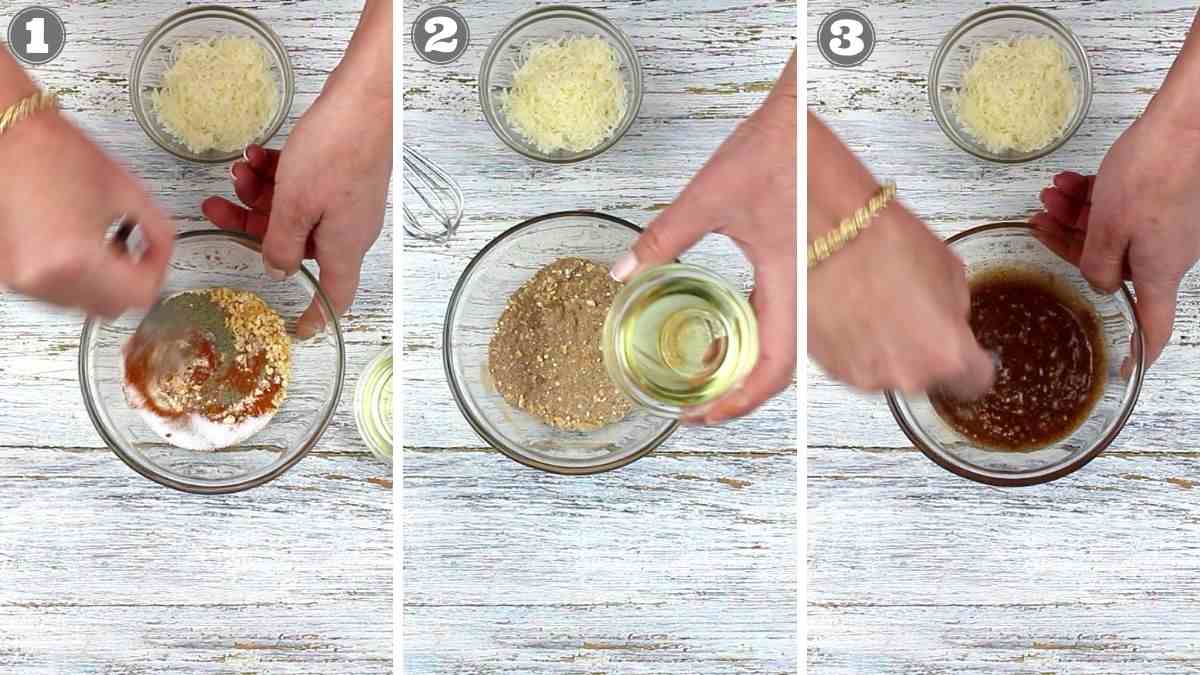 Three-step process of mixing ingredients in a clear bowl. Steps show additions of crushed nuts, grated cheese, and oil, with a hand stirring throughout the steps. Two bowls of ingredients visible.