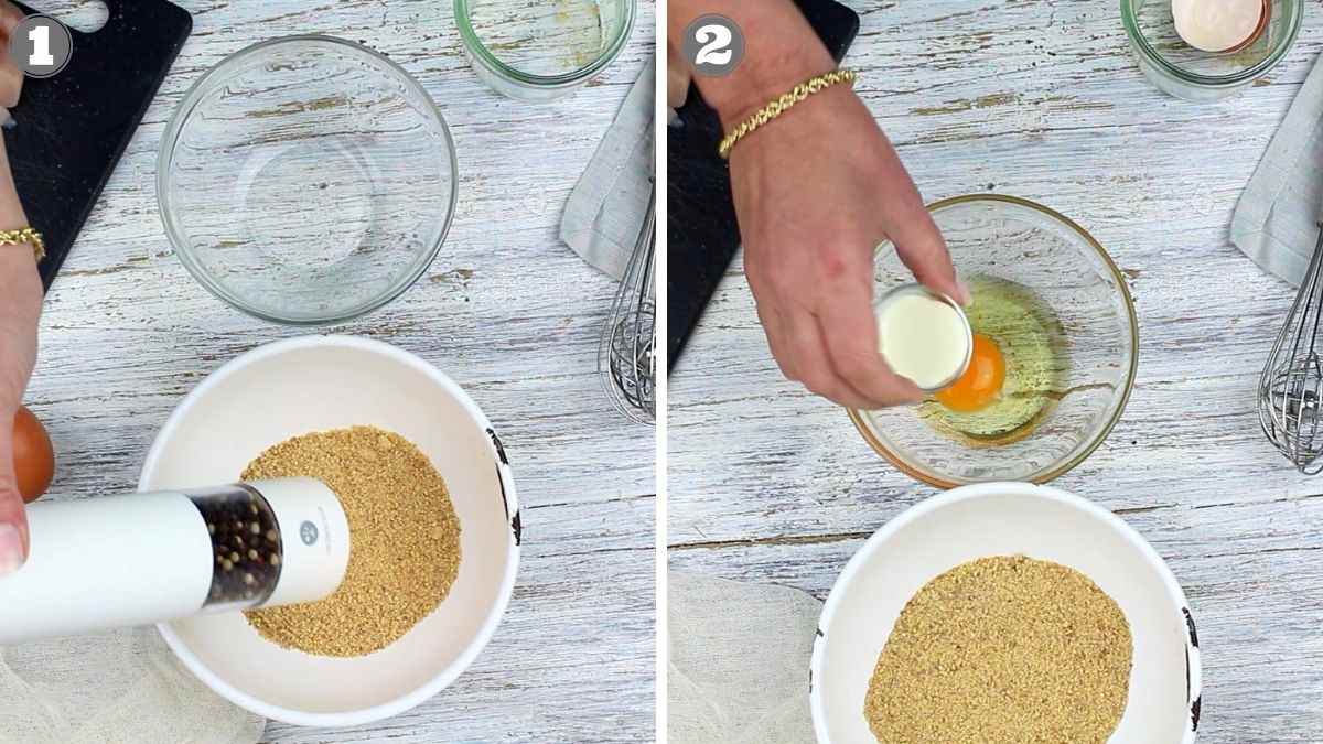 Two-step cooking process: Left image shows ground mixture in a bowl with a pepper mill. Right image shows a hand adding a raw egg with milk into a bowl beside the mixture.