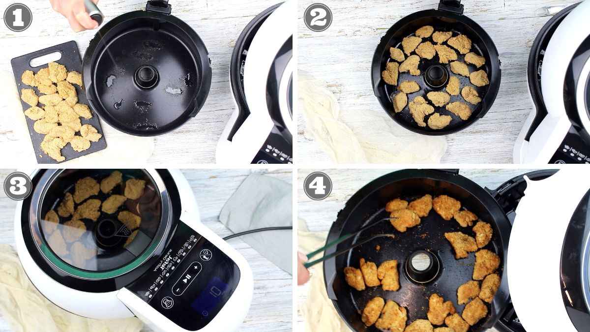 Four-step process of cooking chicken nuggets in an air fryer. Steps show nuggets being placed, arranged, cooked, and removed from the fryer. Control panel is visible in step 3.