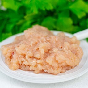 Ground chicken on a white plate with a green leafy background.