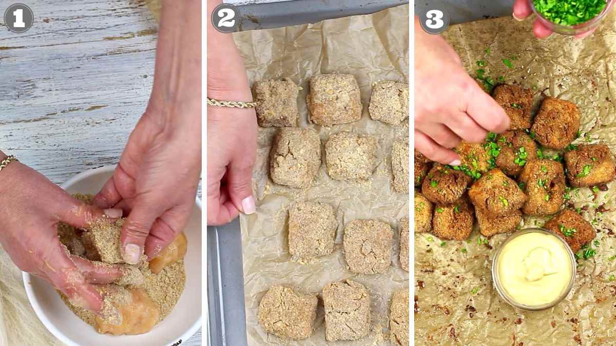 A three-step collage shows: 1) hands breading tofu cubes, 2) breaded tofu cubes on a baking tray, 3) cooked tofu cubes garnished with herbs next to a bowl of dipping sauce.