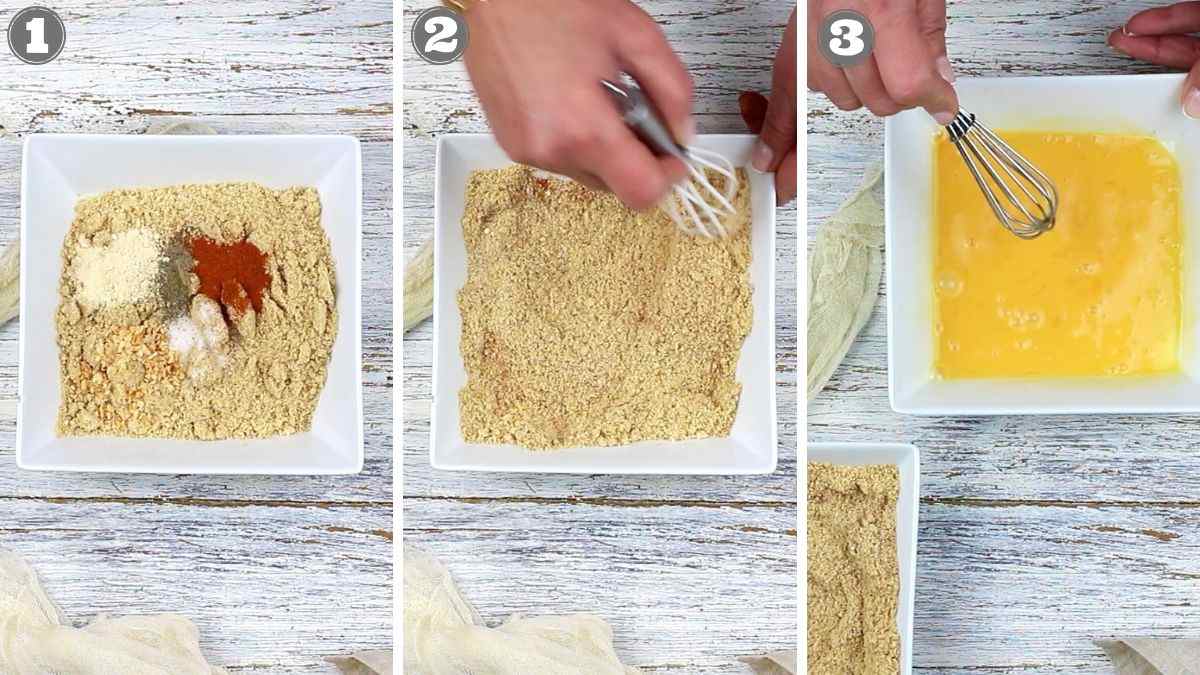Three-step process: dry seasoning mix in a bowl, ingredients being whisked together, and eggs being whisked in a separate bowl.