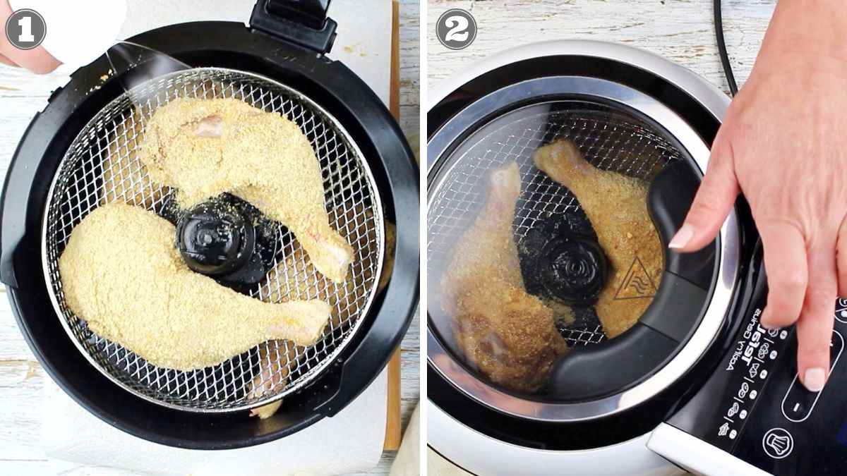 Two breaded chicken legs are placed in an air fryer basket on the left, and the air fryer lid is being closed over the chicken legs on the right.
