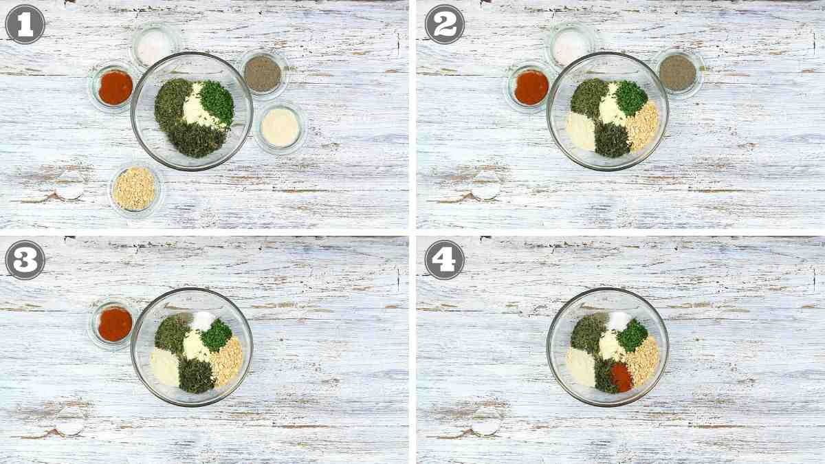 Four-step collage showing a glass bowl with dry ingredients and spices being assembled; each step adds a new ingredient, with changes visible between frames 1 to 4.
