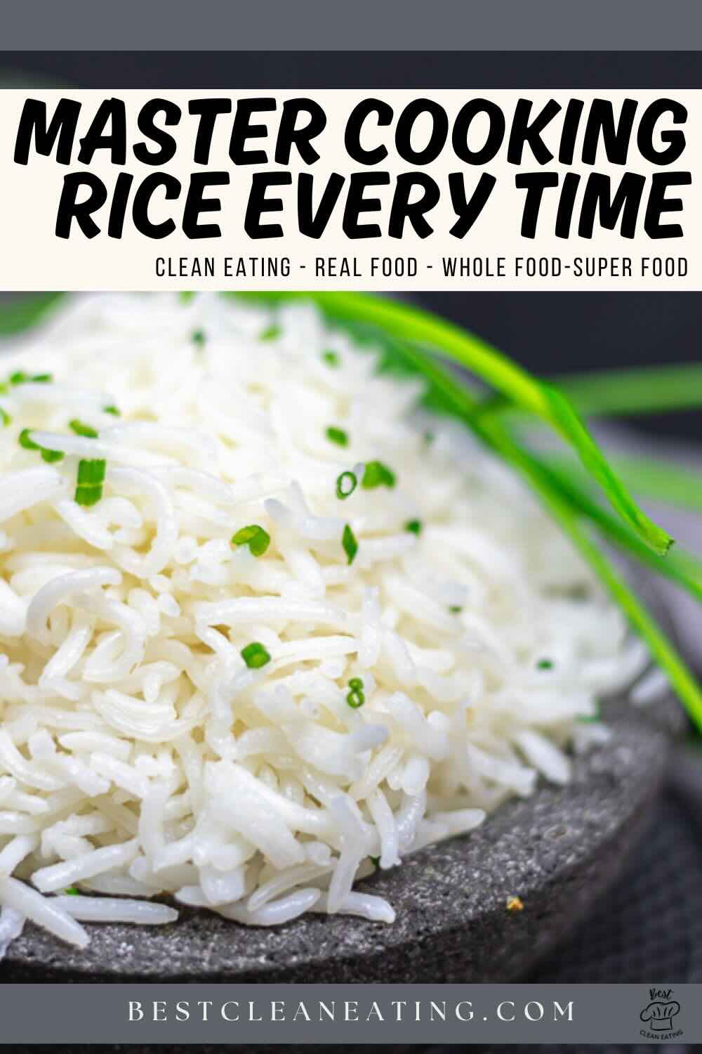 A close-up of a plate of cooked white rice garnished with chopped chives, with green onions beside it and text promoting rice cooking tips.