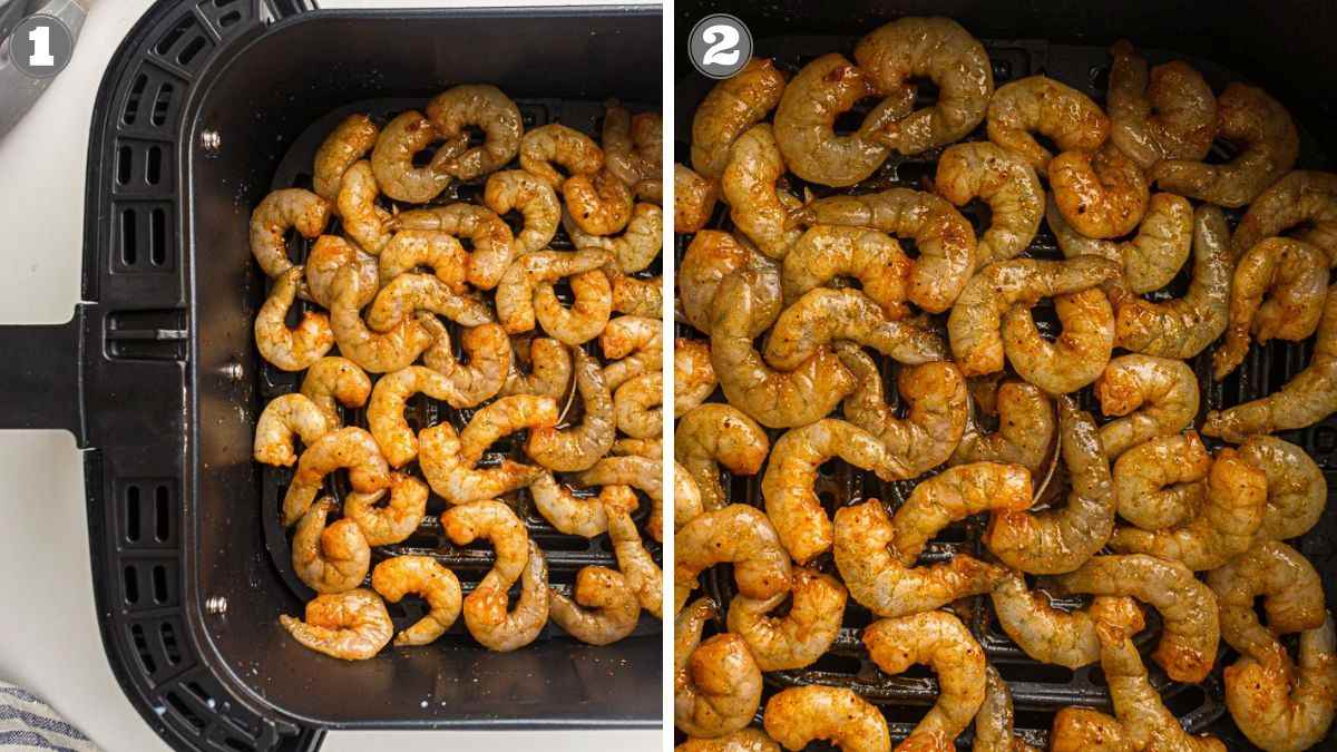 Two side-by-side photos of shrimp in an air fryer basket: raw and seasoned on the left, cooked and browned on the right.