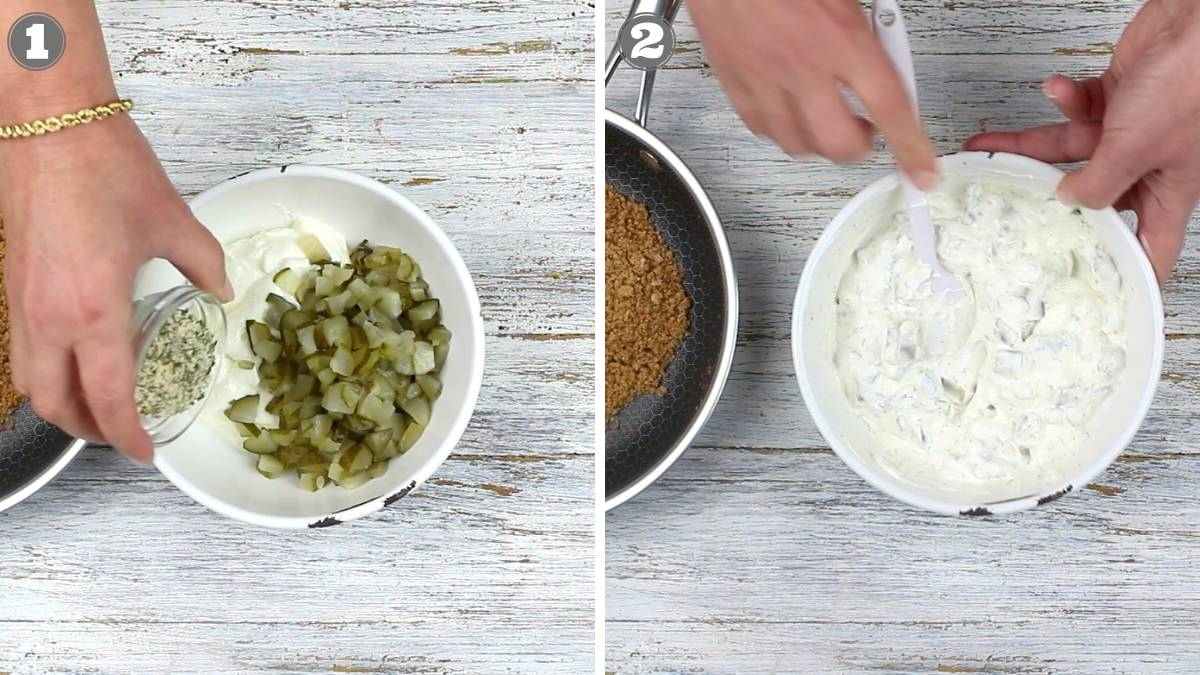 Split image: Left side shows hands adding chopped pickles and seasoning to a bowl of white sauce; right side shows hands mixing the ingredients with a spatula.