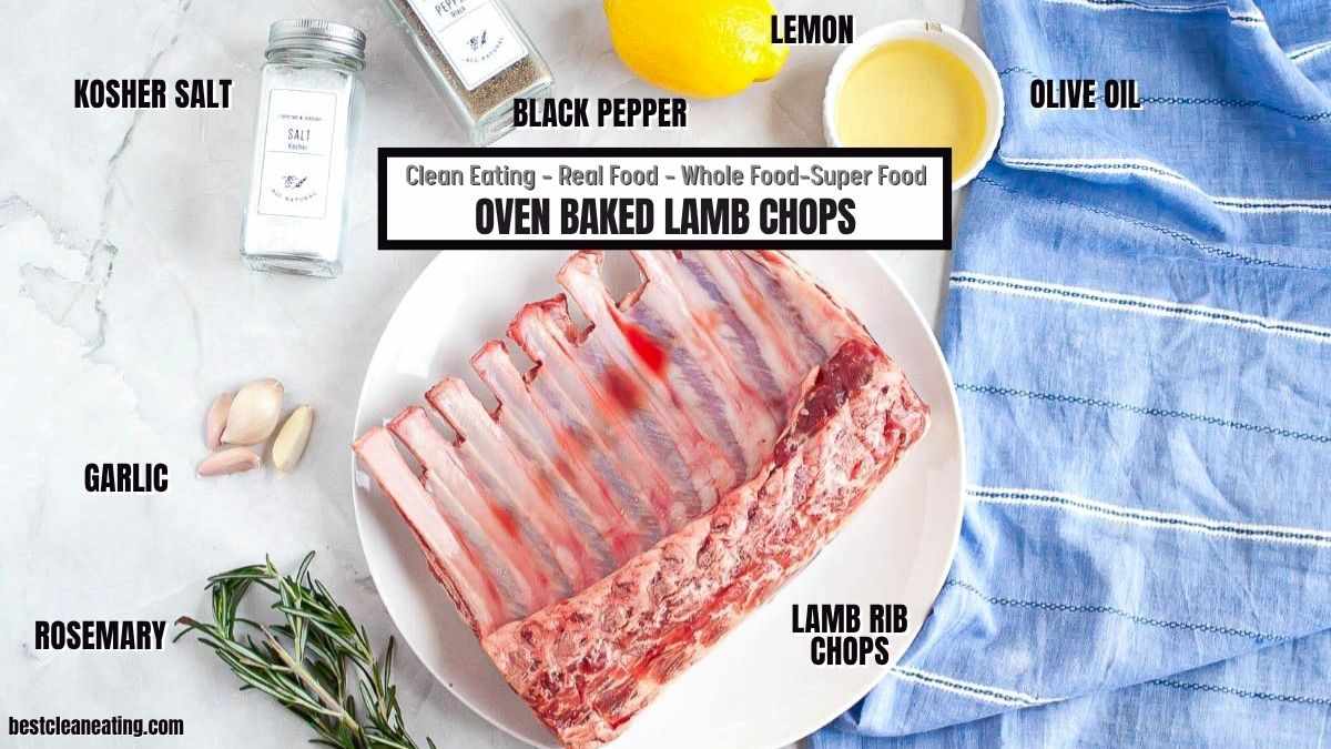 Raw lamb rib chops on a white plate surrounded by labeled ingredients: kosher salt, black pepper, lemon, olive oil, garlic, and rosemary, on a white and blue surface.