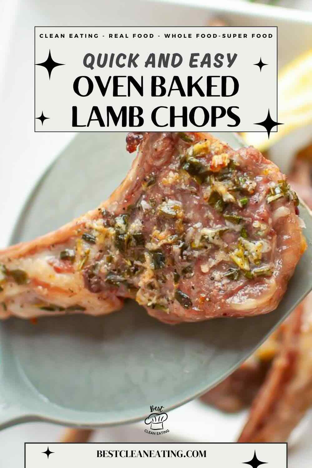 Close-up of an herb-seasoned lamb chop on a metal spatula, with text promoting a quick and easy oven baked lamb chops recipe.