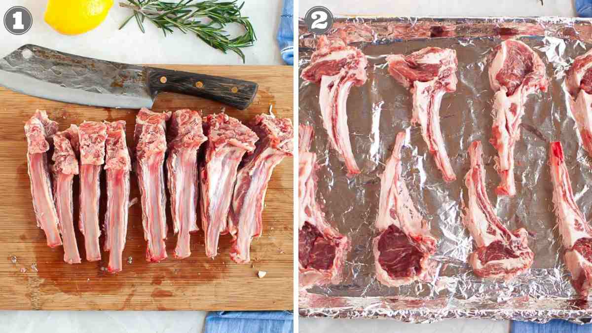 Side-by-side images: Left, raw lamb racks on a wooden cutting board with a cleaver; Right, individual lamb chops arranged on a foil-lined baking sheet.