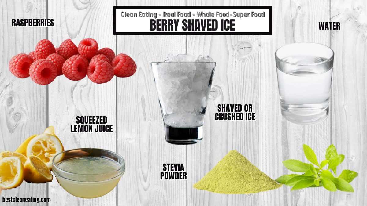 A glass of shaved ice surrounded by raspberries, a glass of water, squeezed lemon juice, stevia powder, and text labels naming each ingredient.