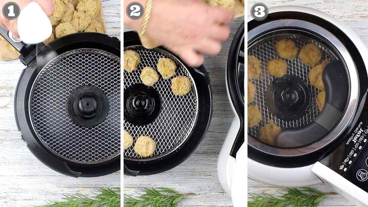 Three-step process: Breadcrumb-coated balls are placed into an air fryer basket, arranged evenly, and then cooked with the lid closed.