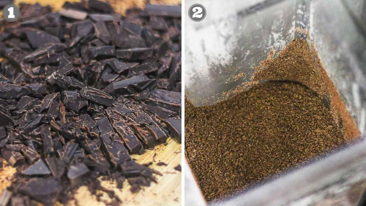Side-by-side images: chopped dark chocolate on a cutting board (left) and ground chocolate in a blender (right), labeled with numbers 1 and 2.
