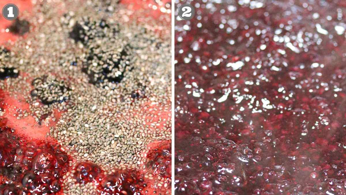 Side-by-side images of a berry mixture with chia seeds being added on the left, and the thickened, bubbling mixture after cooking on the right.