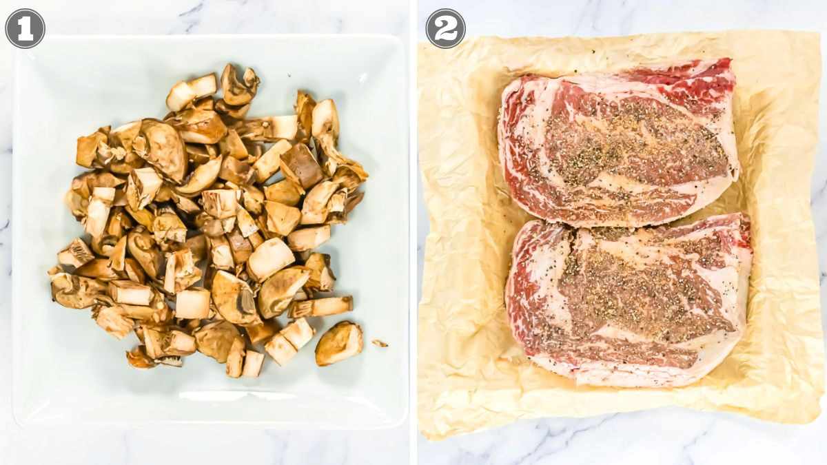 Image split in two: left side shows chopped mushrooms in a white bowl; right side shows two raw, seasoned ribeye steaks on parchment paper, each labeled with numbers 1 and 2 respectively.