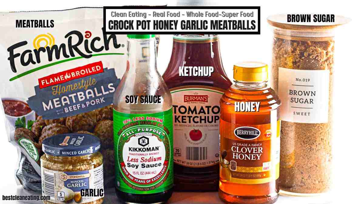 Ingredients for honey garlic meatballs: frozen meatballs, soy sauce, ketchup, honey, brown sugar, and garlic are displayed on a white surface.