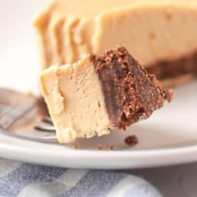 A fork holds a bite of creamy cheesecake with a chocolate crust, placed on a white plate.