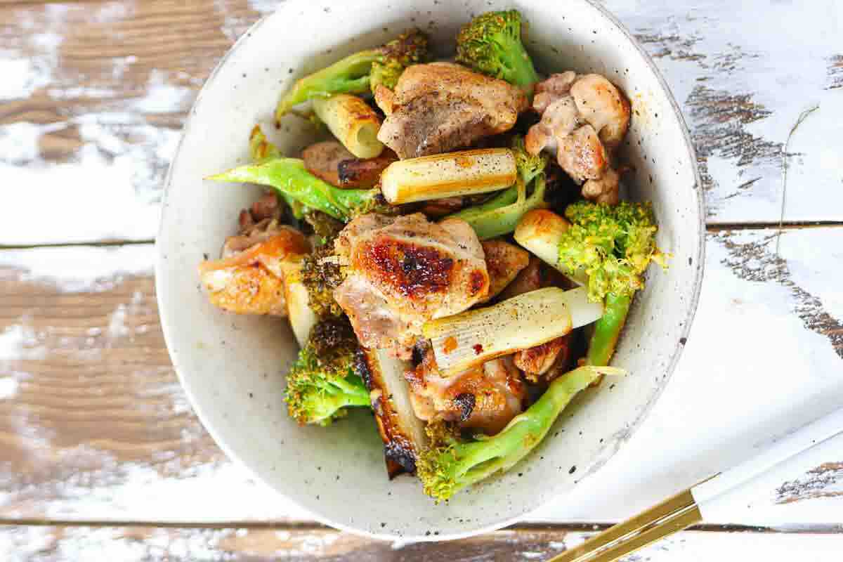 A ceramic bowl filled with stir-fried chicken, broccoli, and leeks.