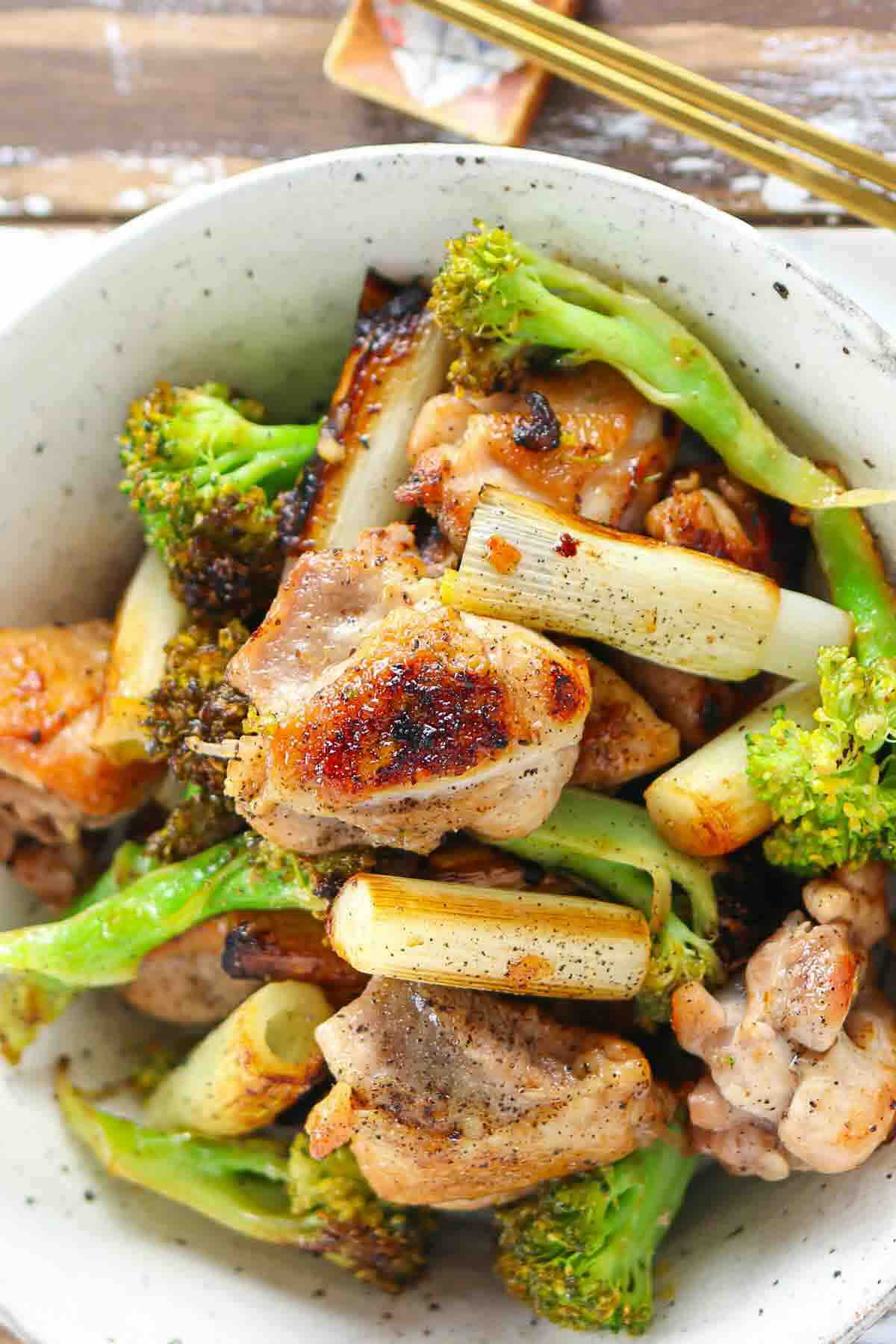 A bowl of stir-fried chicken, broccoli, and green onion stalks.